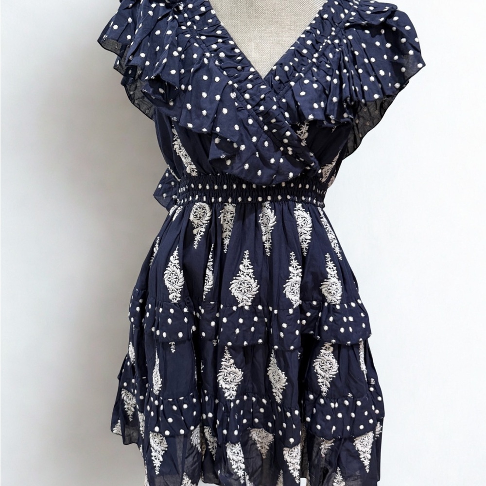 Tailsman Kiki Embroidered V Neck Ruffle Detail Open Back Dress